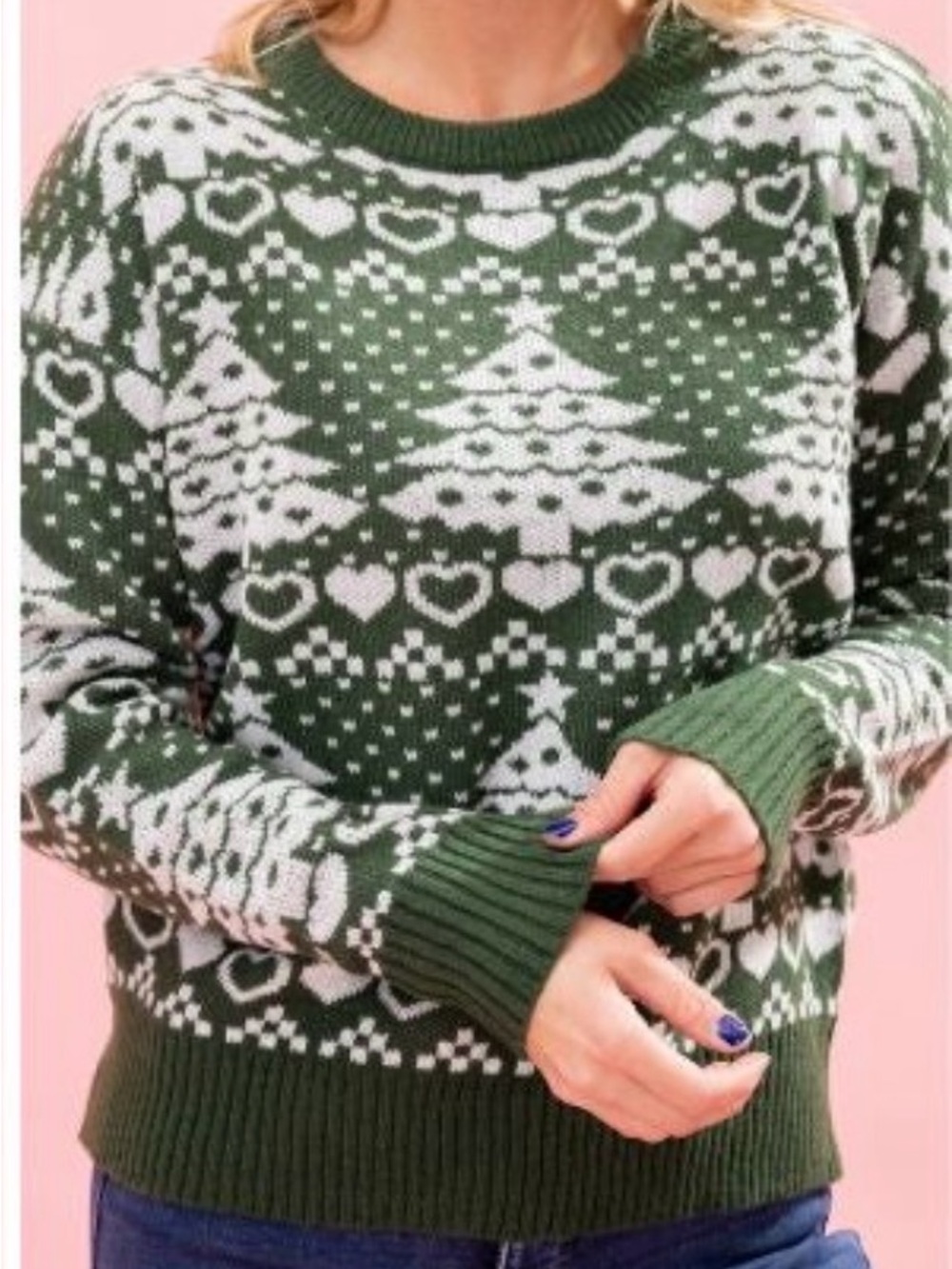 Green and White Holiday Fair Isle Sweater. Dear Scarlett. Small.